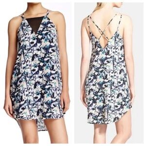 ASTR Abstract Pink Blue Printed Swing Strappy Mesh Detail Sleeveless Mini Dress